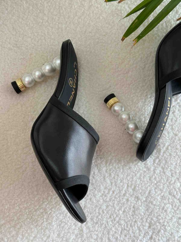 Chanel open toe pearl mules black