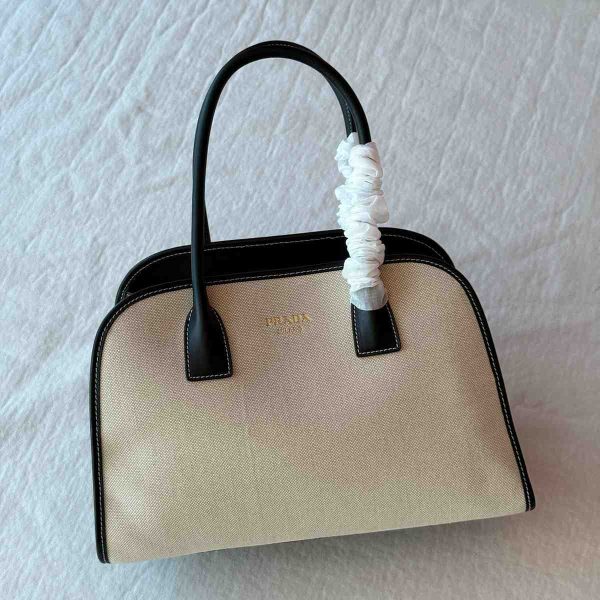 prada medium linen blend leather tote bag black