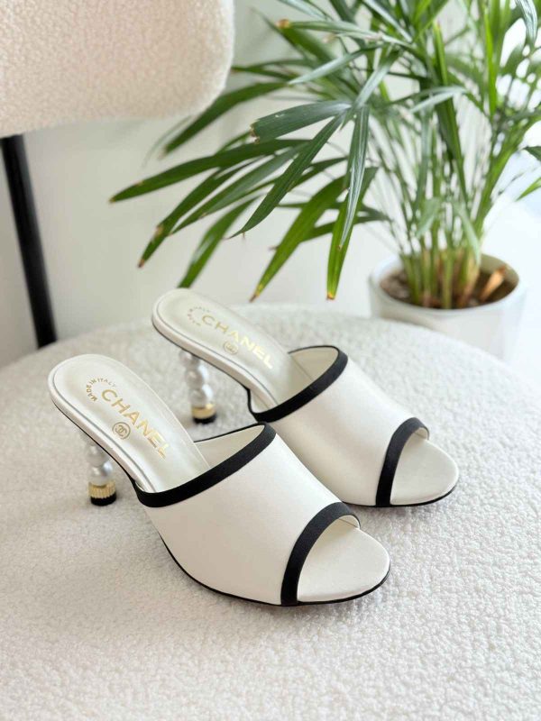 Chanel open toe pearl mules white
