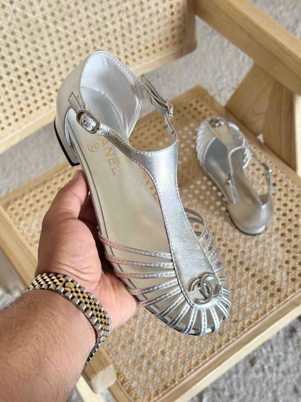 chanel strap cage toe flat sandals silver