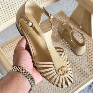 chanel strap cage toe flat sandals beige