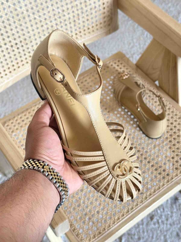 chanel strap cage toe flat sandals beige