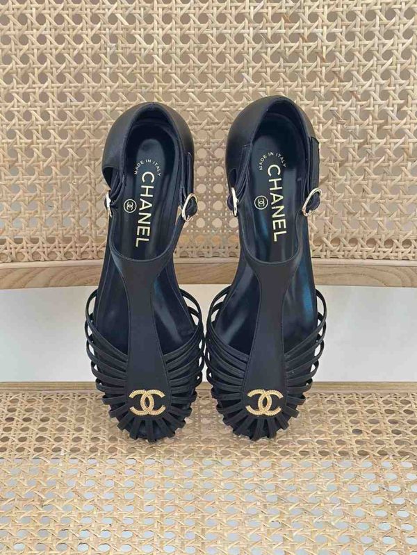 chanel strap cage toe flat sandals black