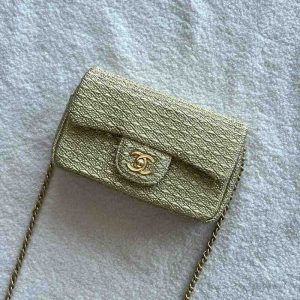 chanel metallic woven fabric double flap bag mint
