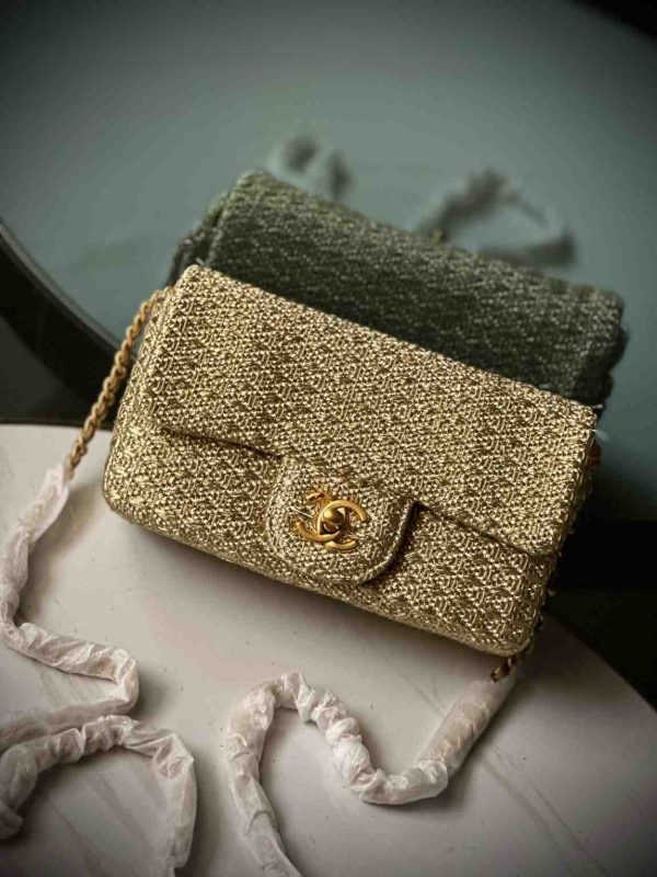 chanel metallic woven fabric double flap bag golden