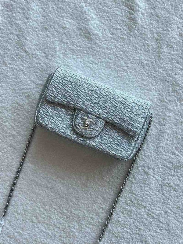 chanel metallic woven fabric double flap bag silver white