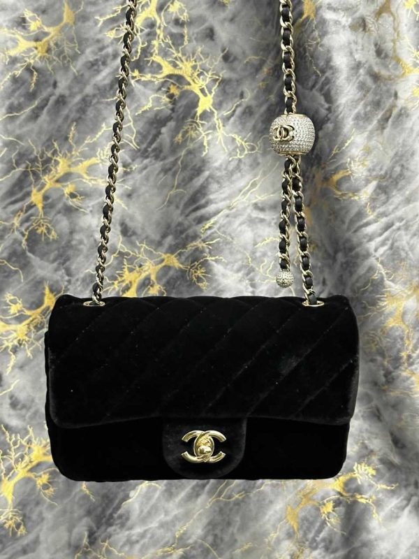 Chanel black velvet pearl crush flap bag