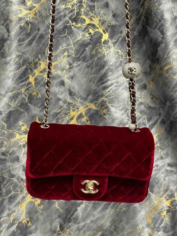 Chanel Burgundy velvet pearl crush flap bag