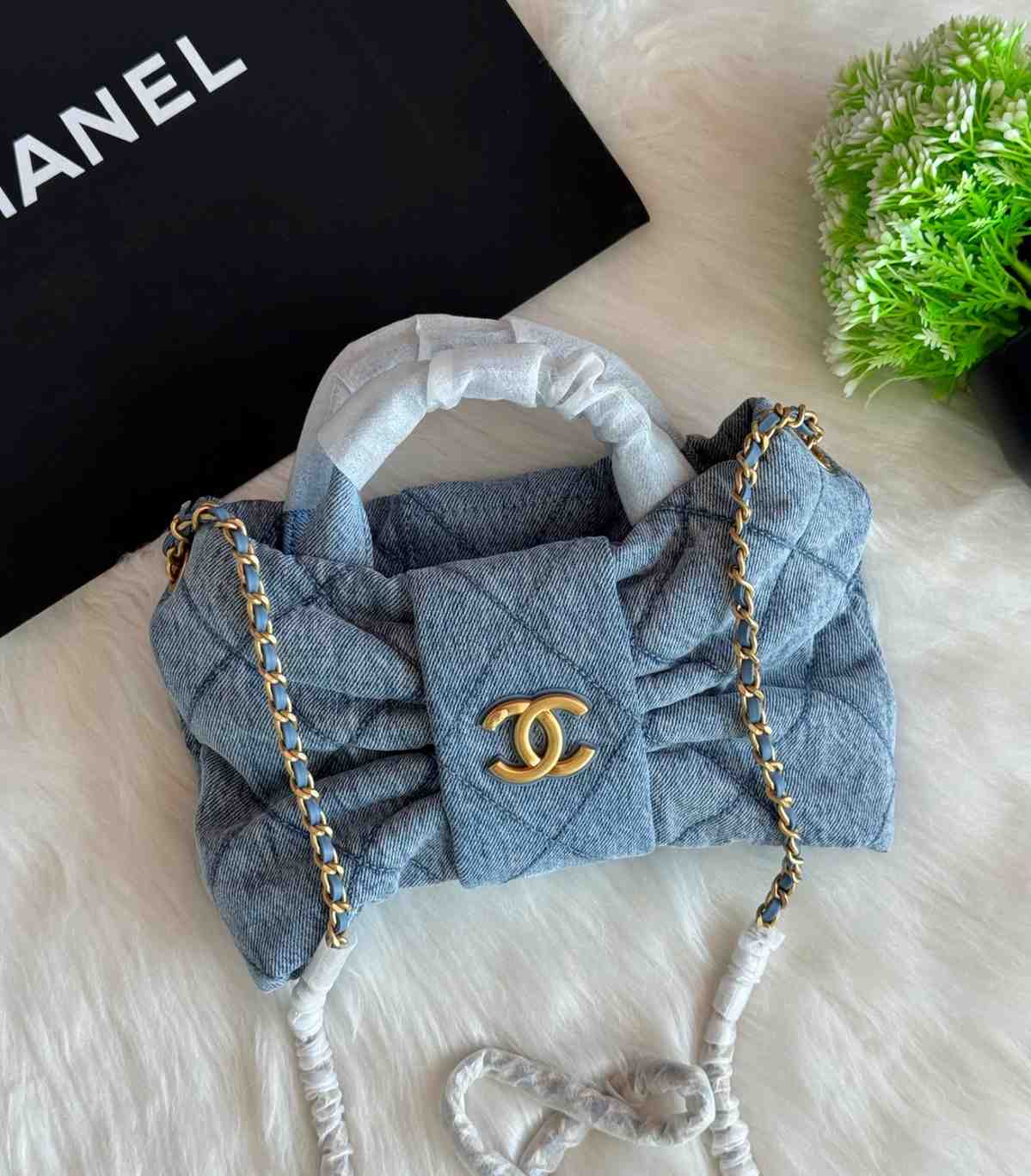 Chanel Bow Bag Shiny Lambskin & Gold-Tone Metal Denim
