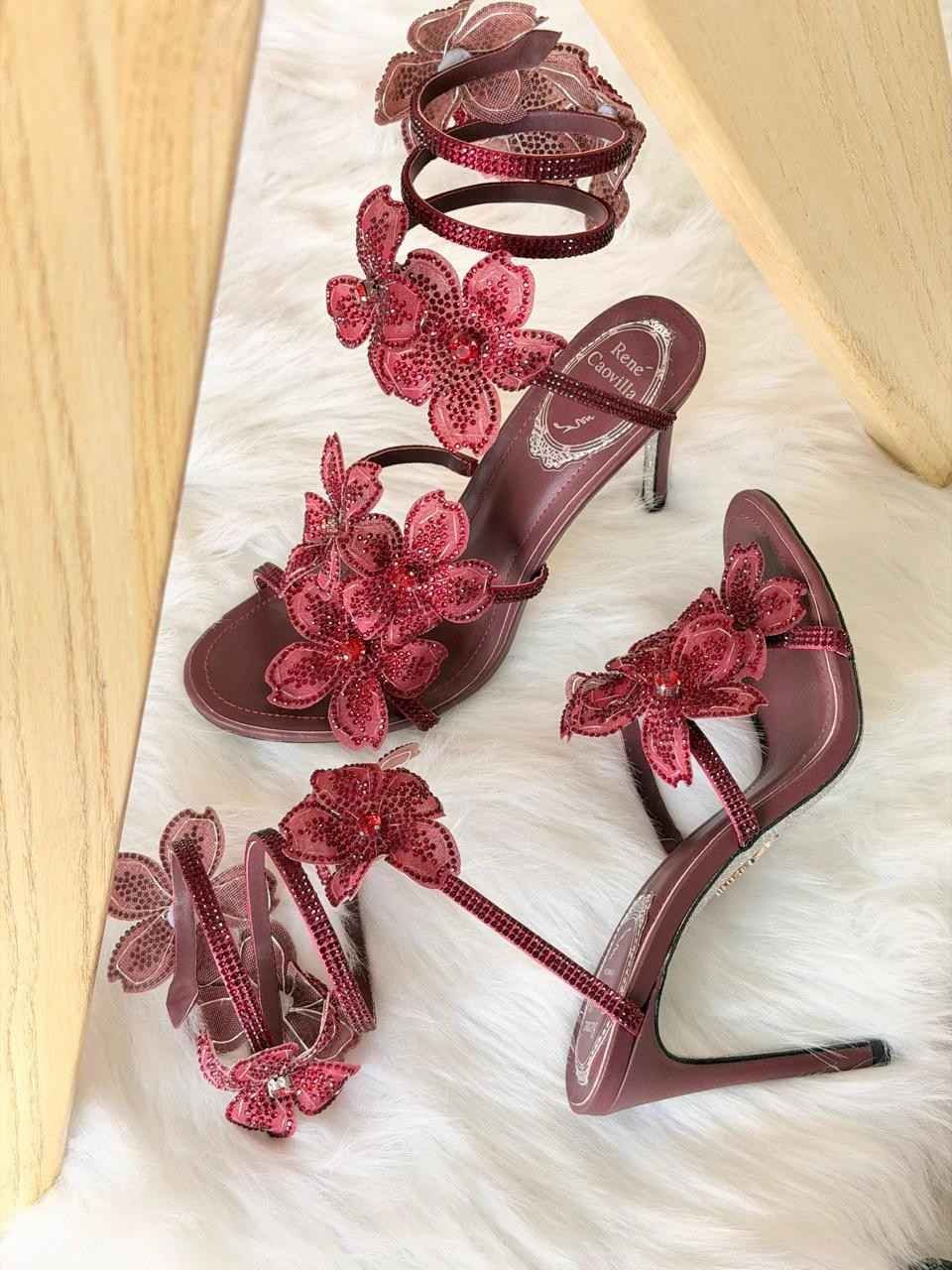 Rene caovilla cleo 105 red floral satin heels