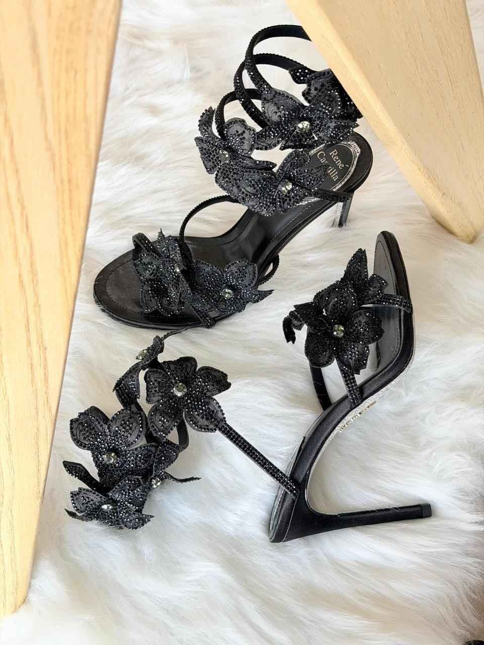 Rene caovilla cleo 105 black floral satin heels