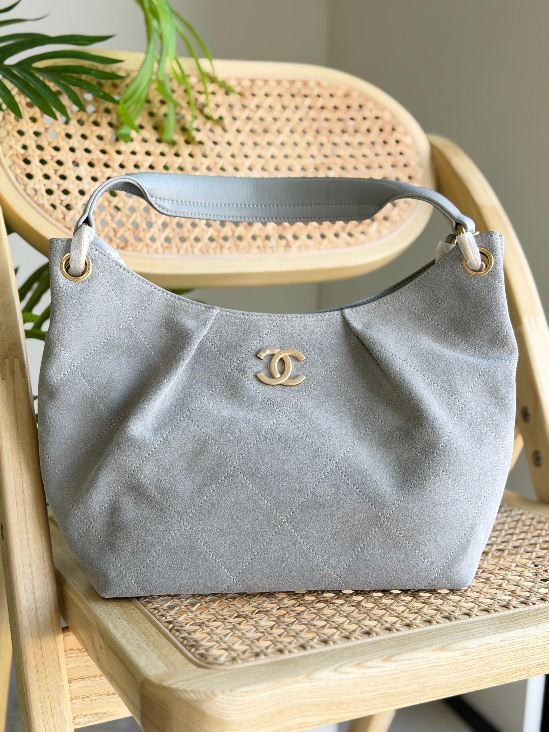 Chanel Hobo Bag Suede leather grey colour