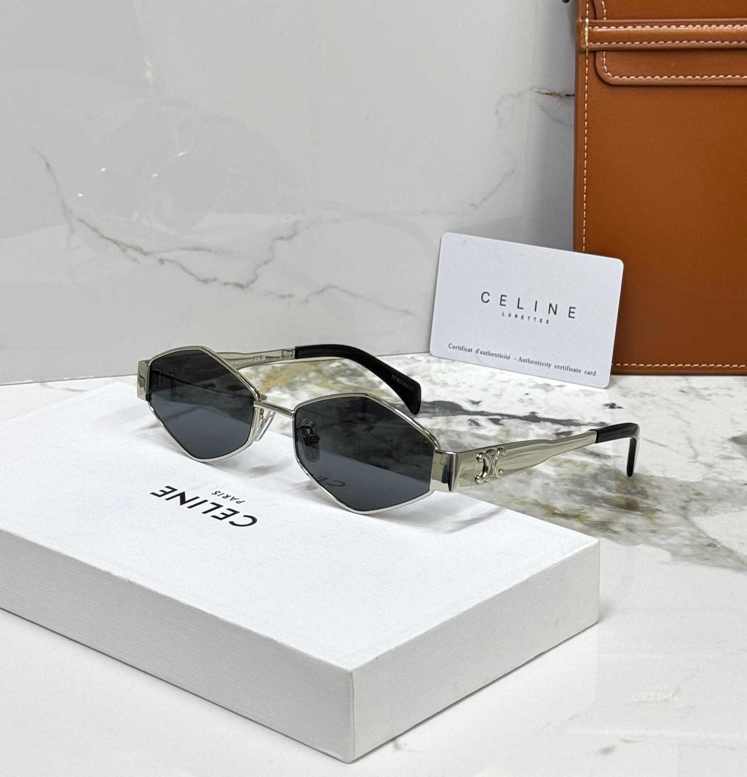 Celine women's hexagonal silver metal sunglass black