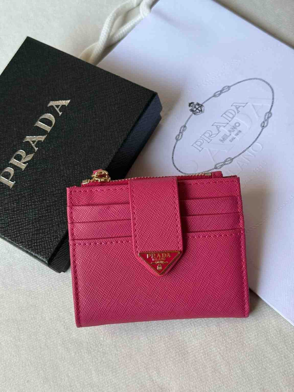 Prada triangle snap small leather wallet pink