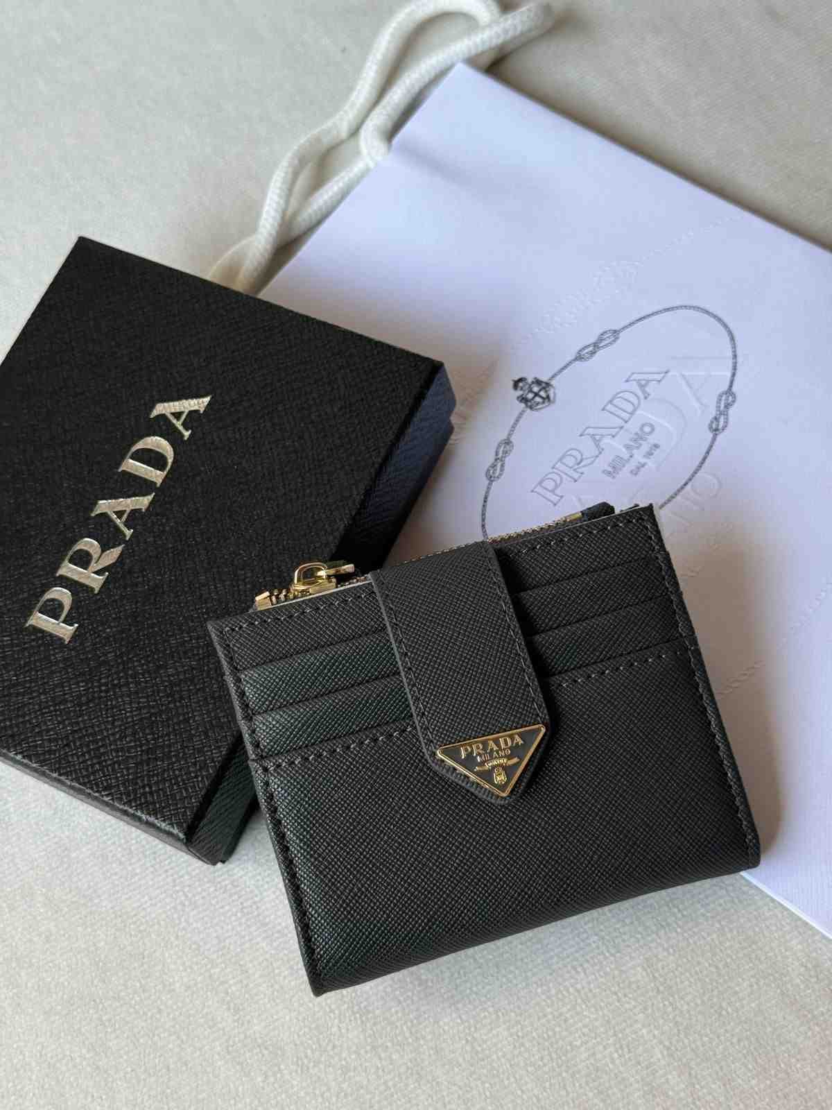 Prada triangle snap small leather wallet black