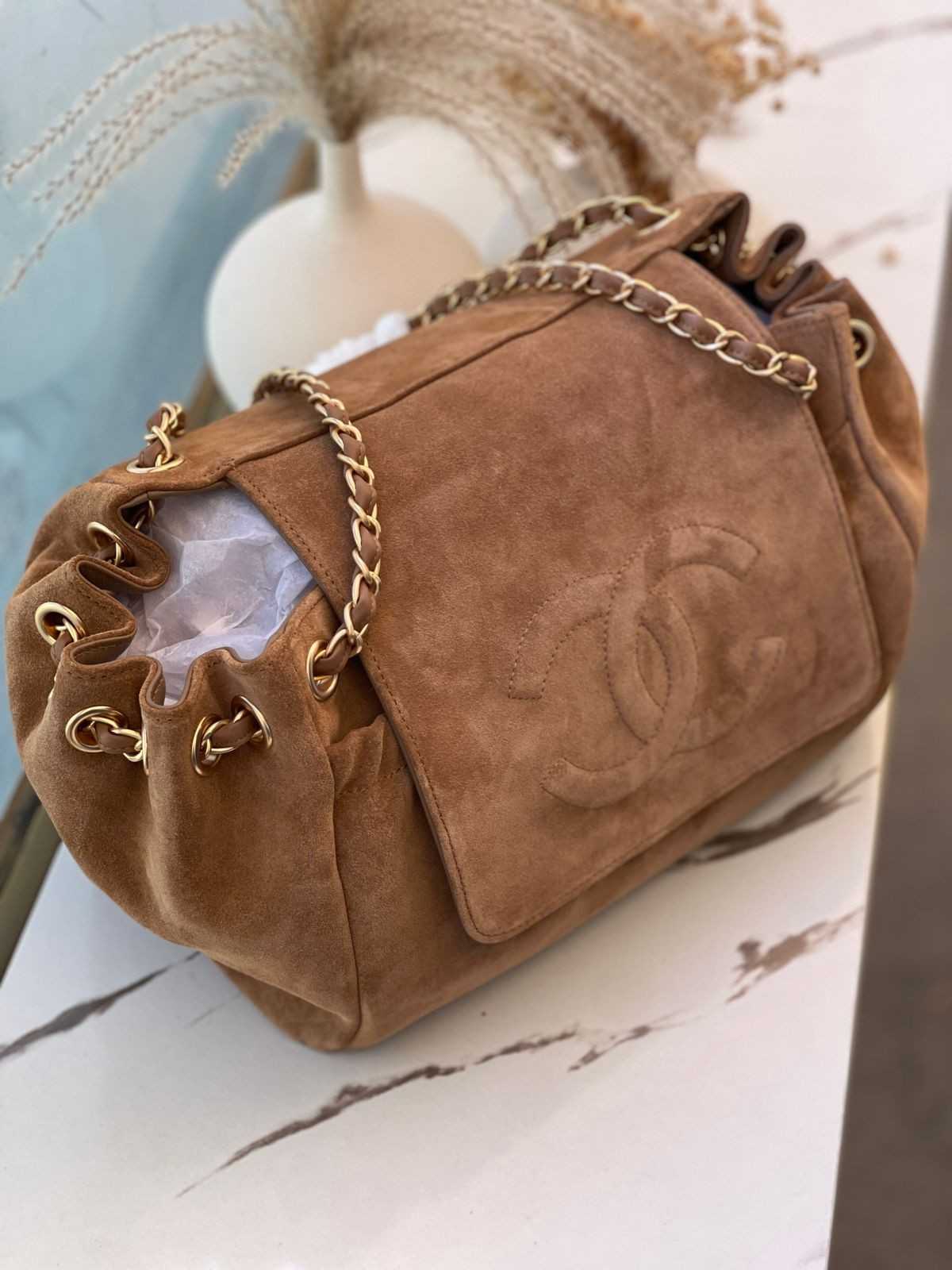 chanel vintage cc accordion suede flap brown