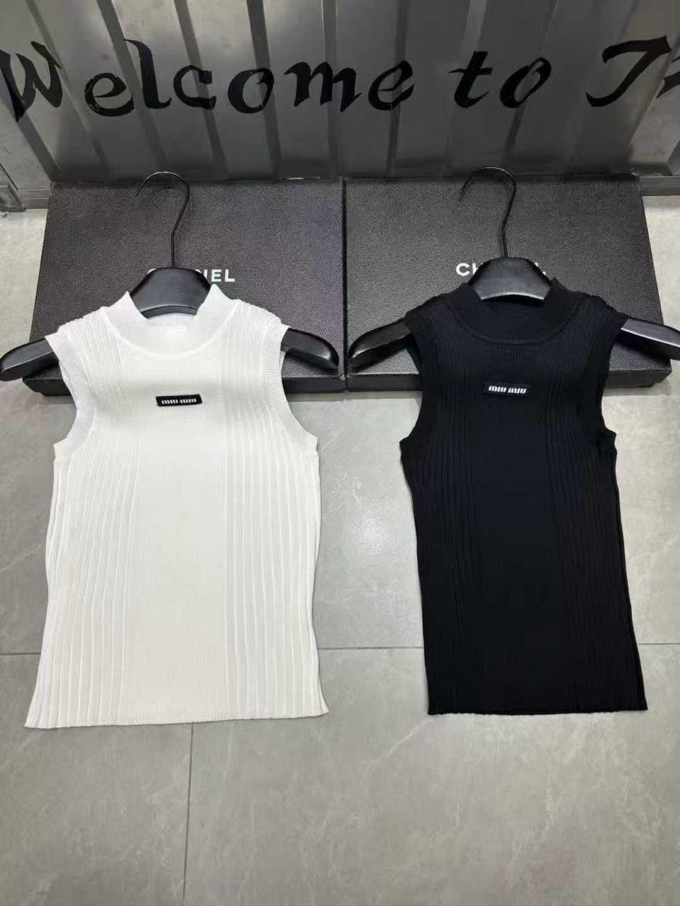Miu Miu Tank Tops Ribbed Knit Sleeveless White & Black