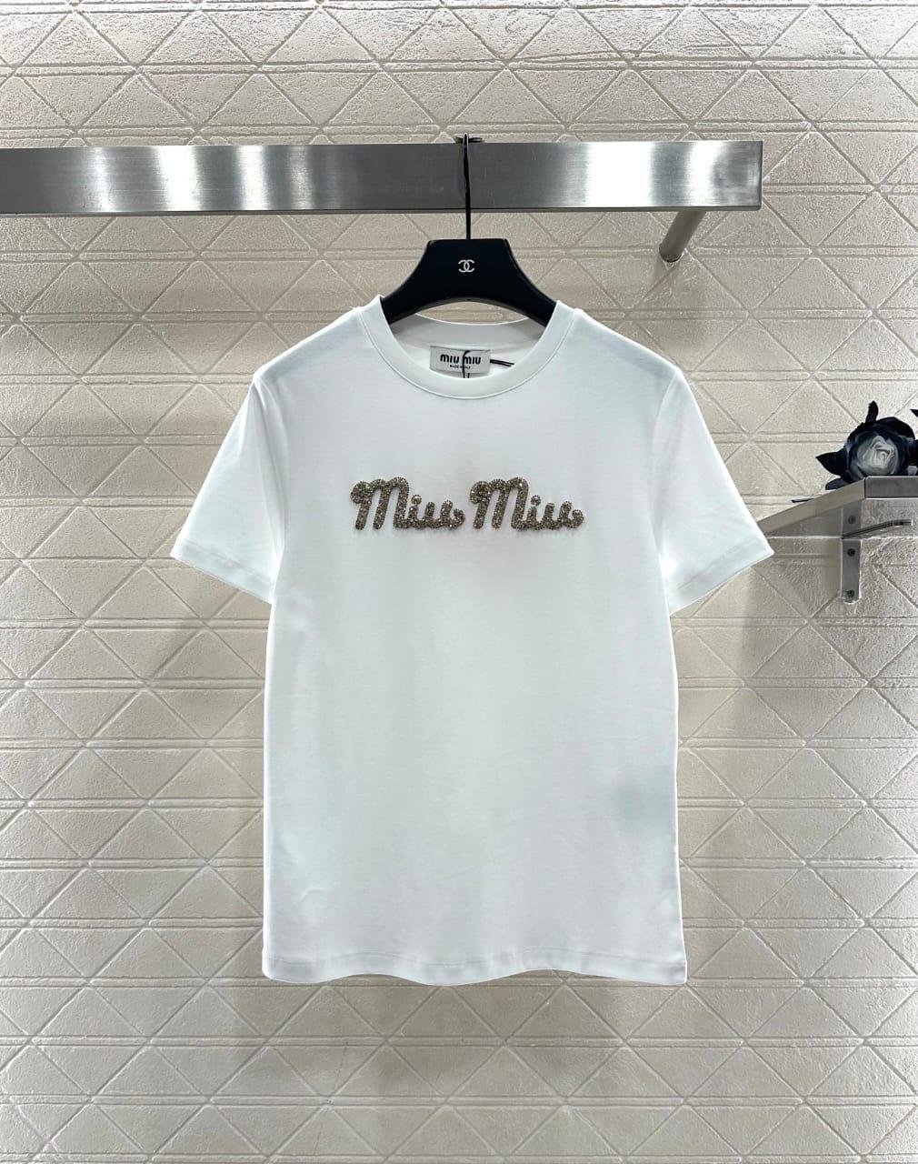 Miu Miu T-Shirt Crystal Logo Embellished White