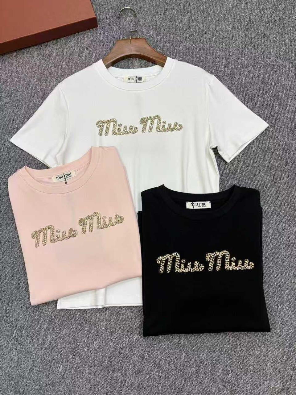 Miu Miu T-Shirt Crystal Logo Embellished