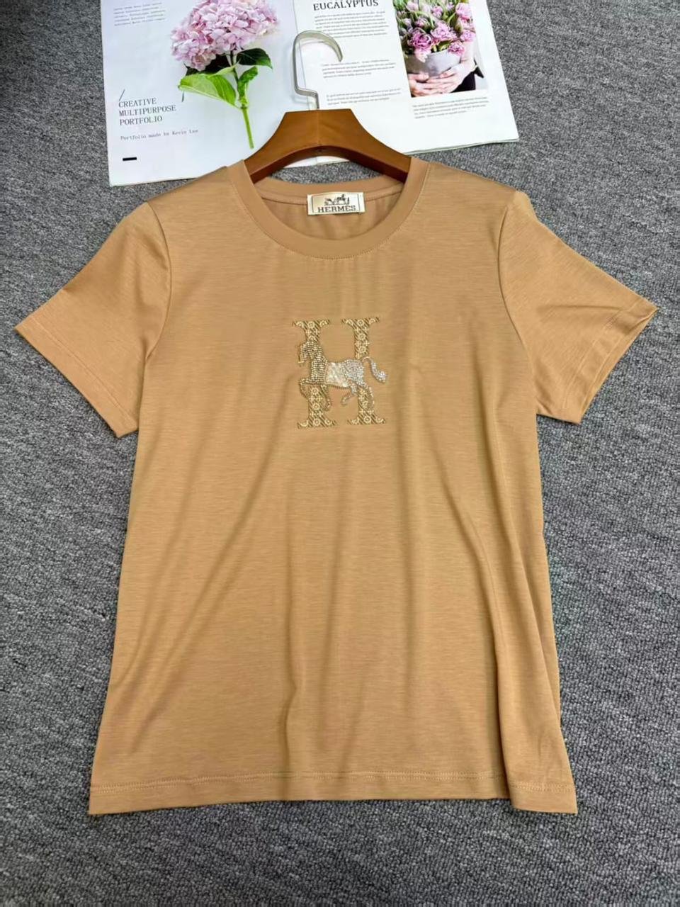 Hermes T-shirt H Logo Embroidered Yellow