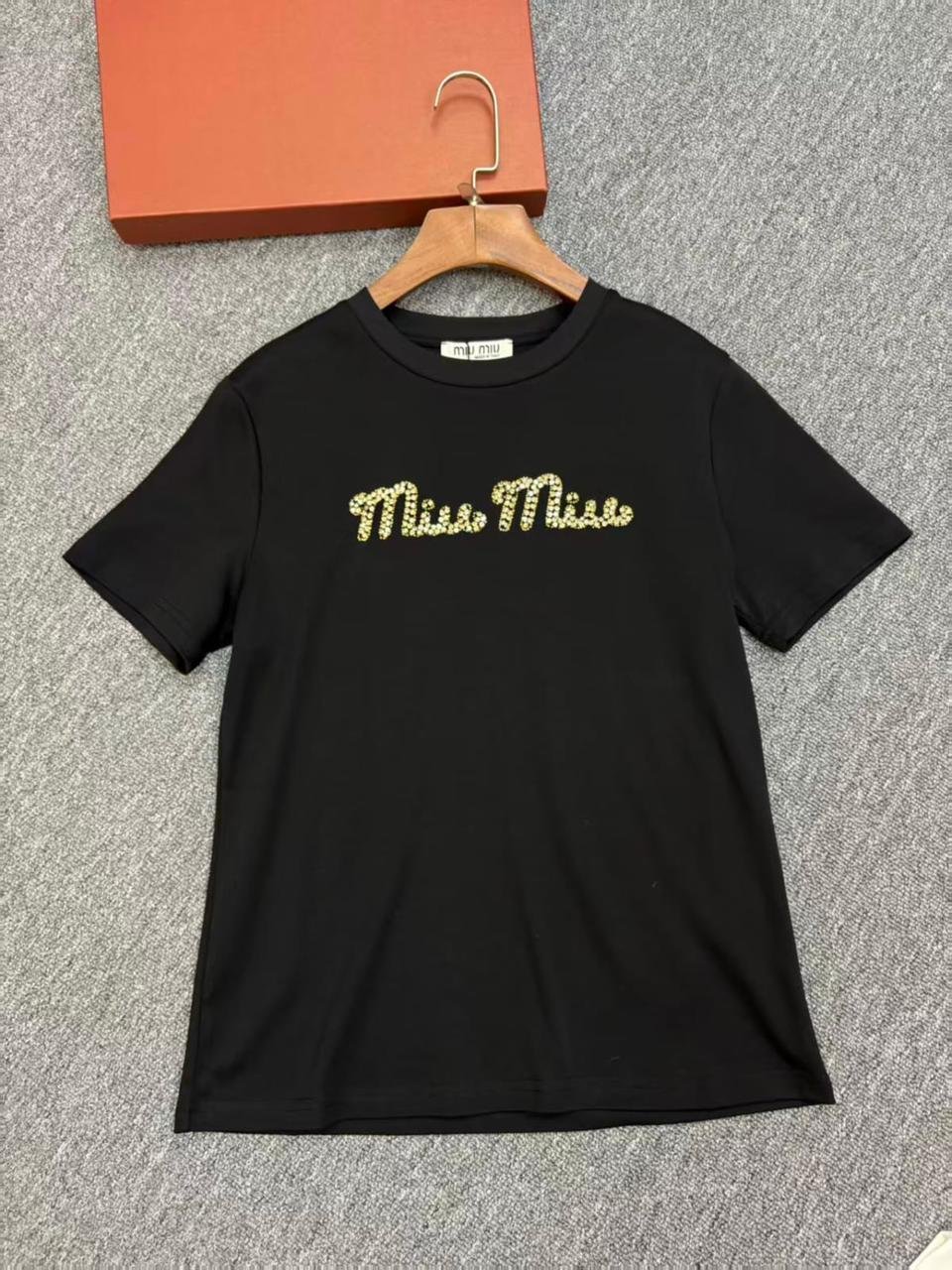 Miu Miu T-Shirt Crystal Logo Embellished Black