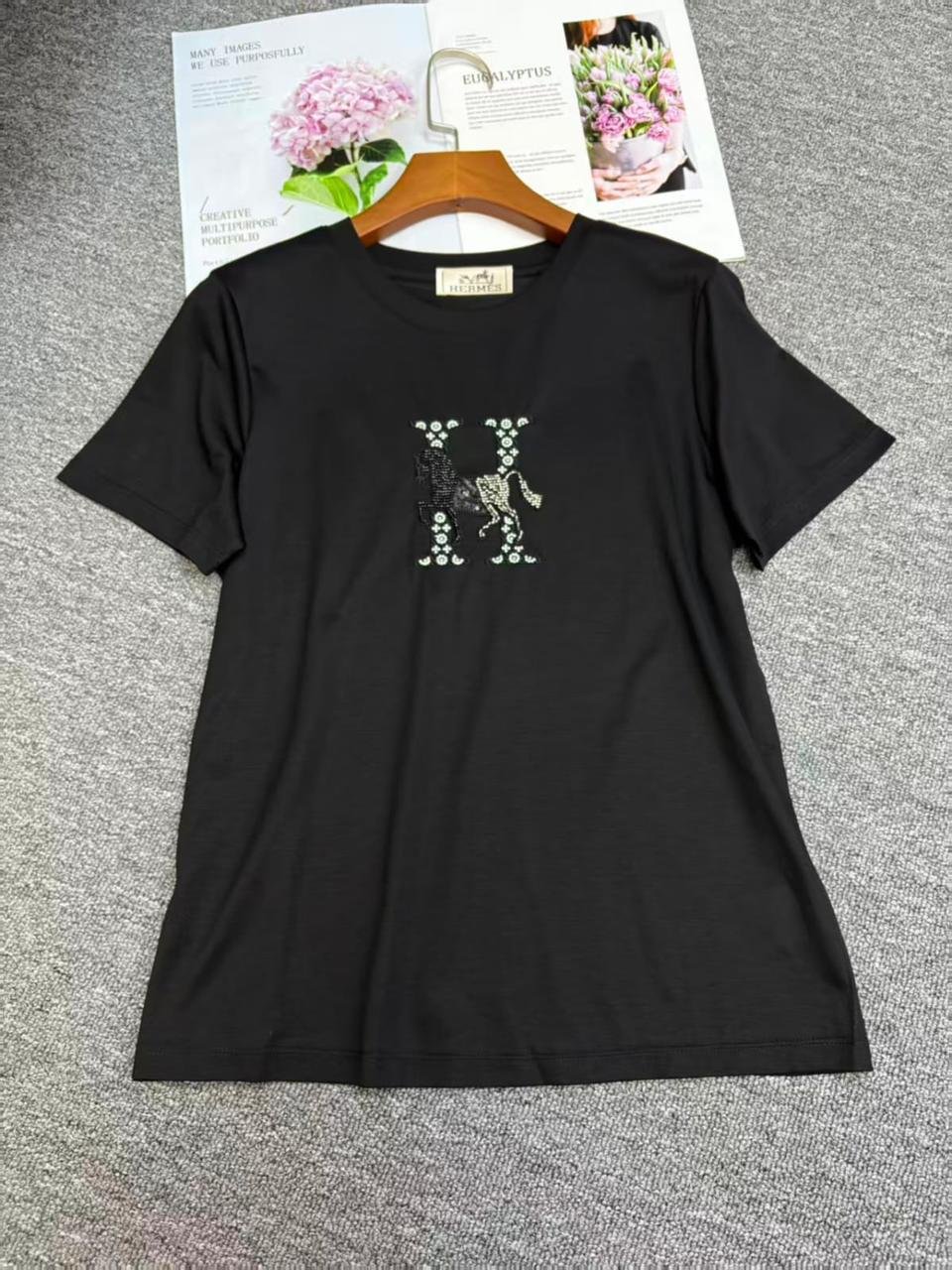 Hermes T-shirt H Logo Embroidered Black
