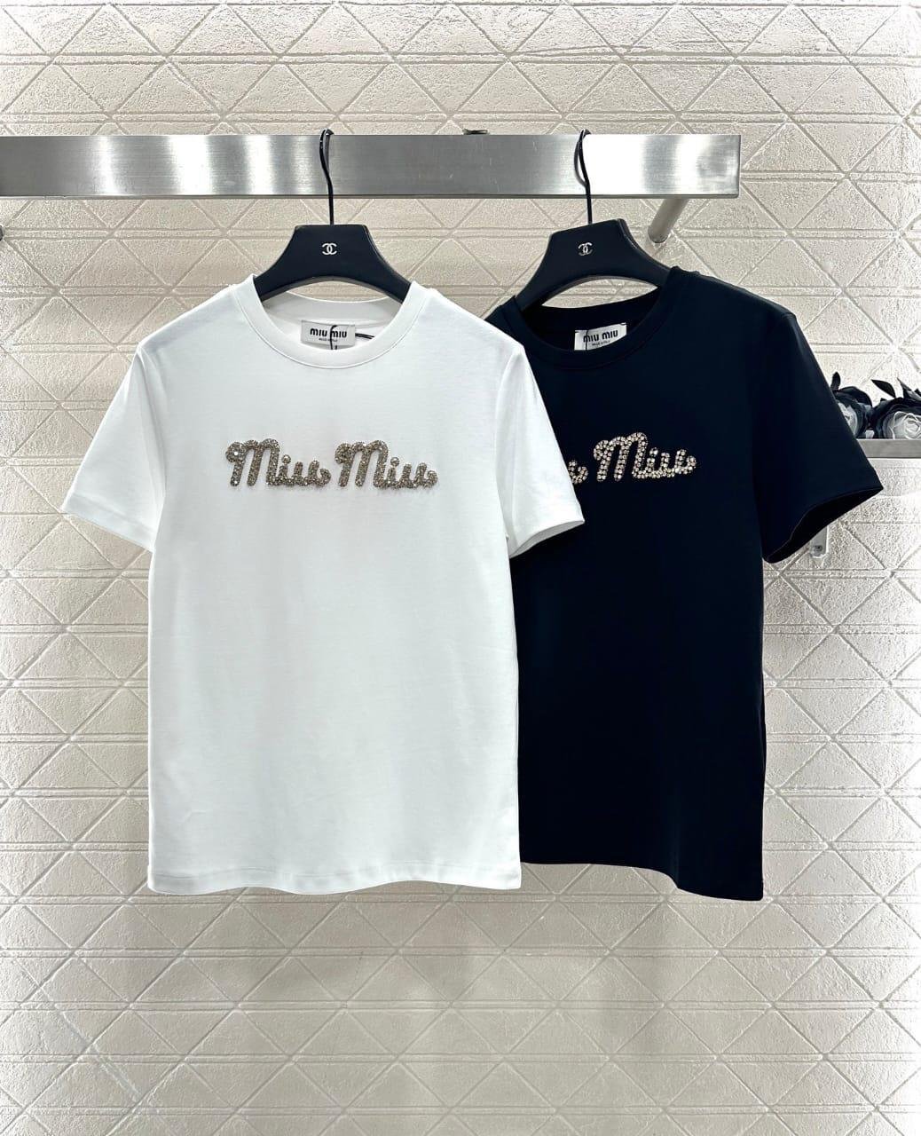 Miu Miu T-Shirt Crystal Logo Embellished Black & White