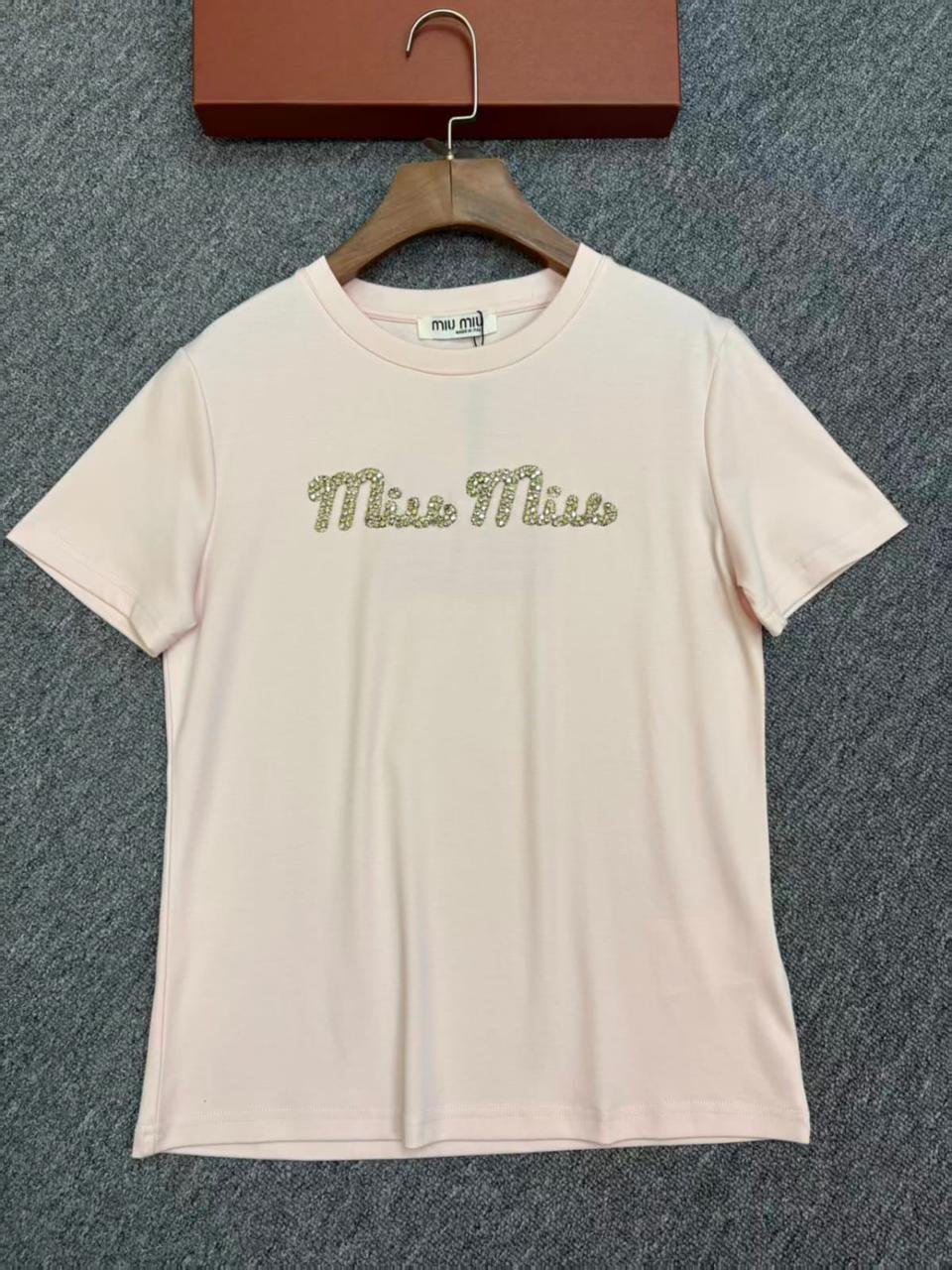 Miu Miu T-Shirt Crystal Logo Embellished Pink