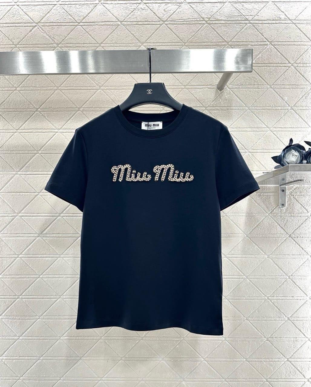 Miu Miu T-Shirt Crystal Logo Embellished Blue
