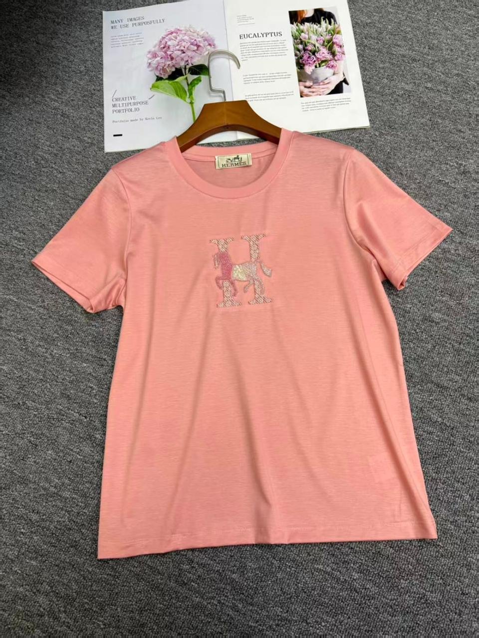 Hermes T-shirt H Logo Embroidered Pink