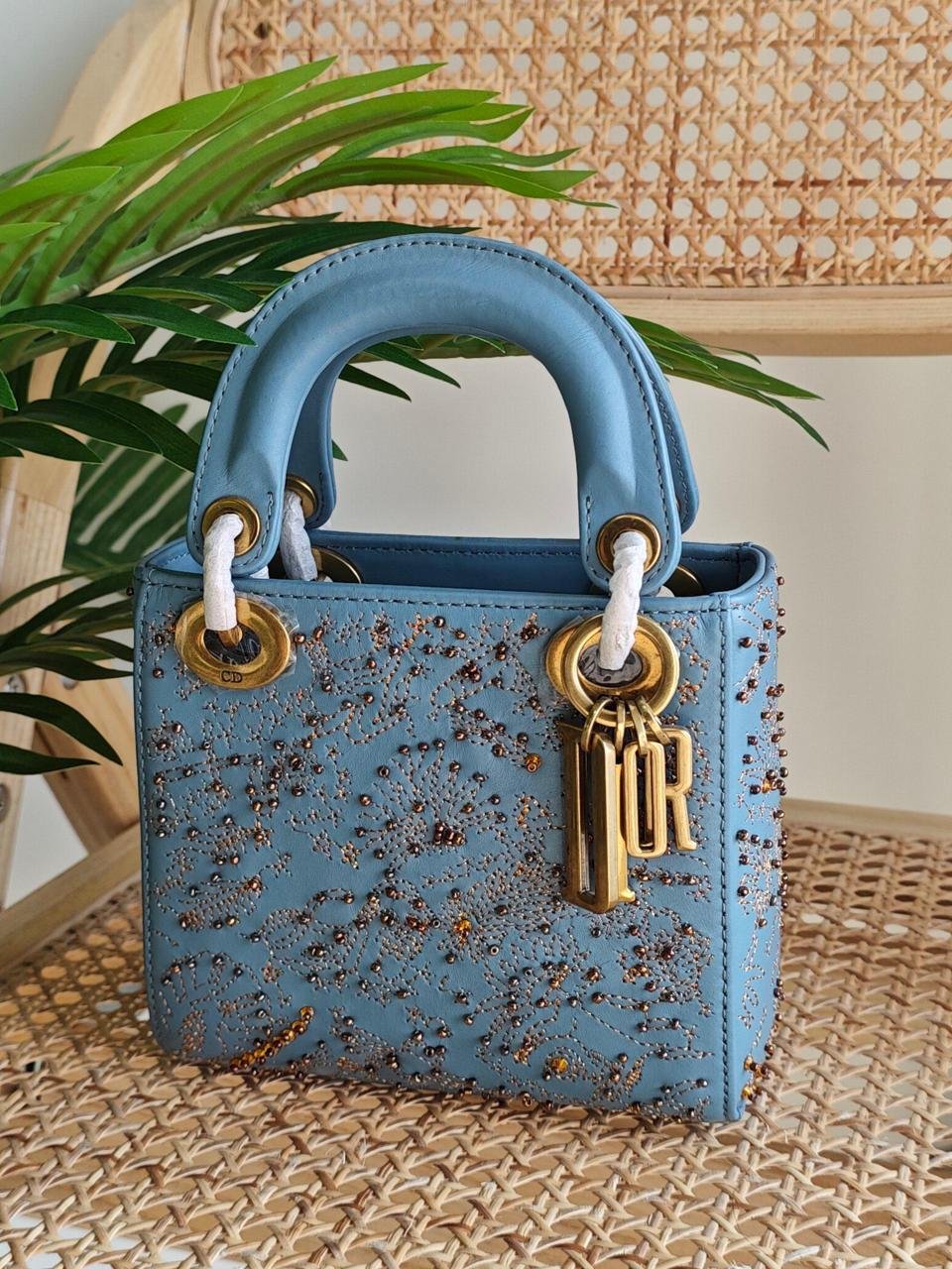 Mini Lady Dior Bag Jardin Motif Embroidered Sky Blue