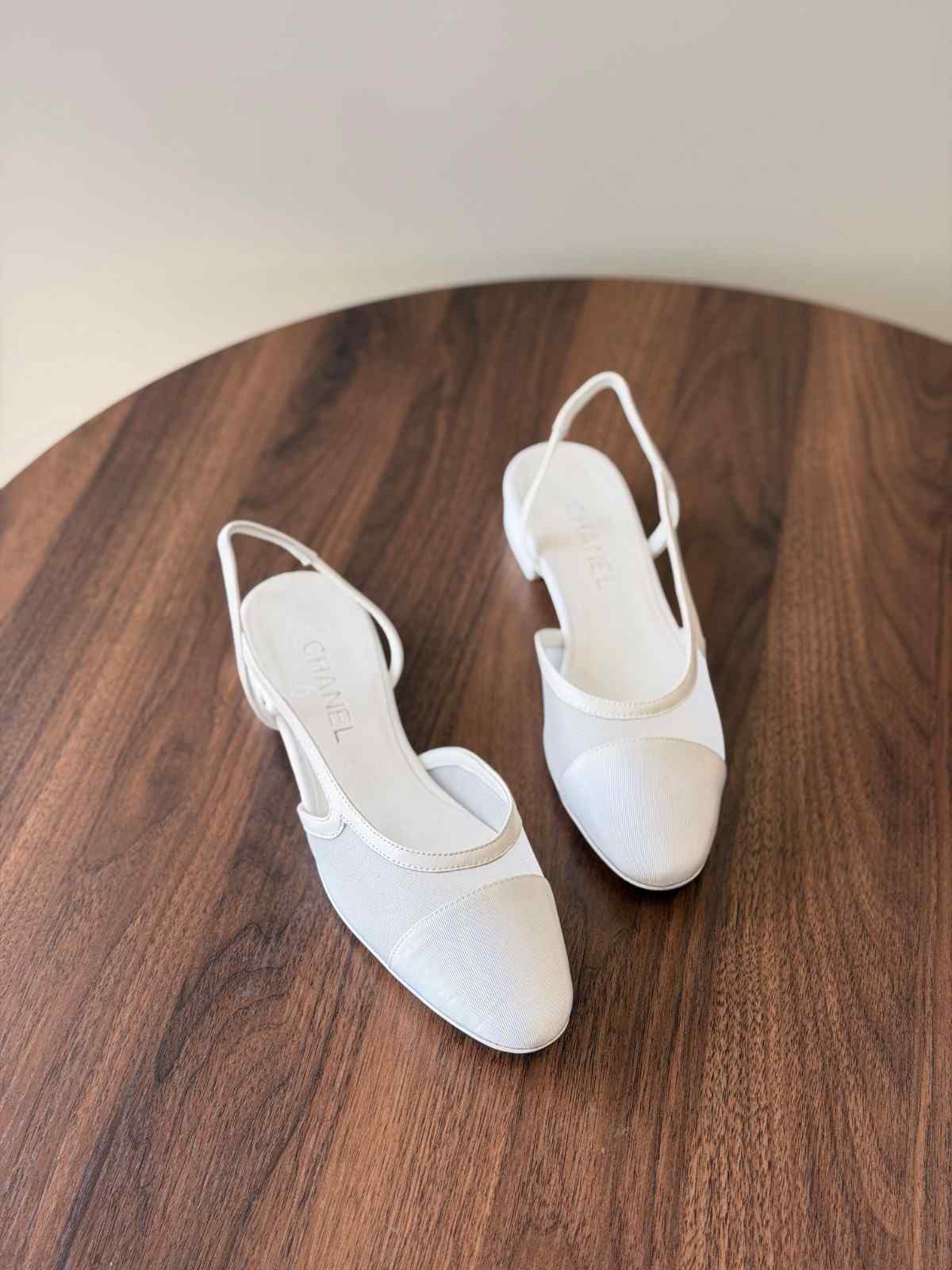 Chanel Lambskin Cap Toe CC Slingback Sandals in white