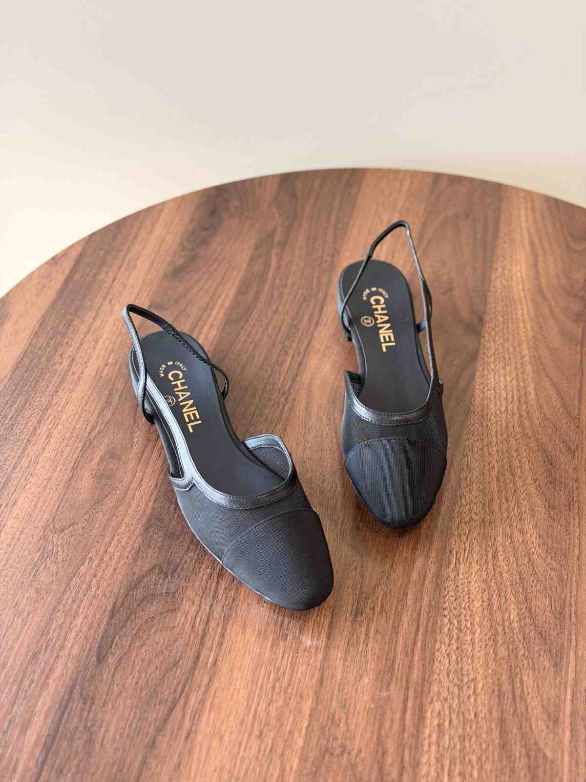Chanel Lambskin Cap Toe CC Slingback Sandals in black
