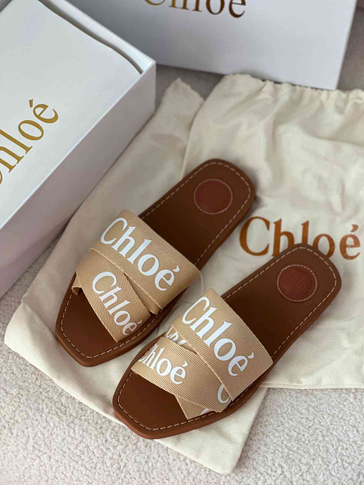 Chloé Woody Logo Slides in Canvas beige colour