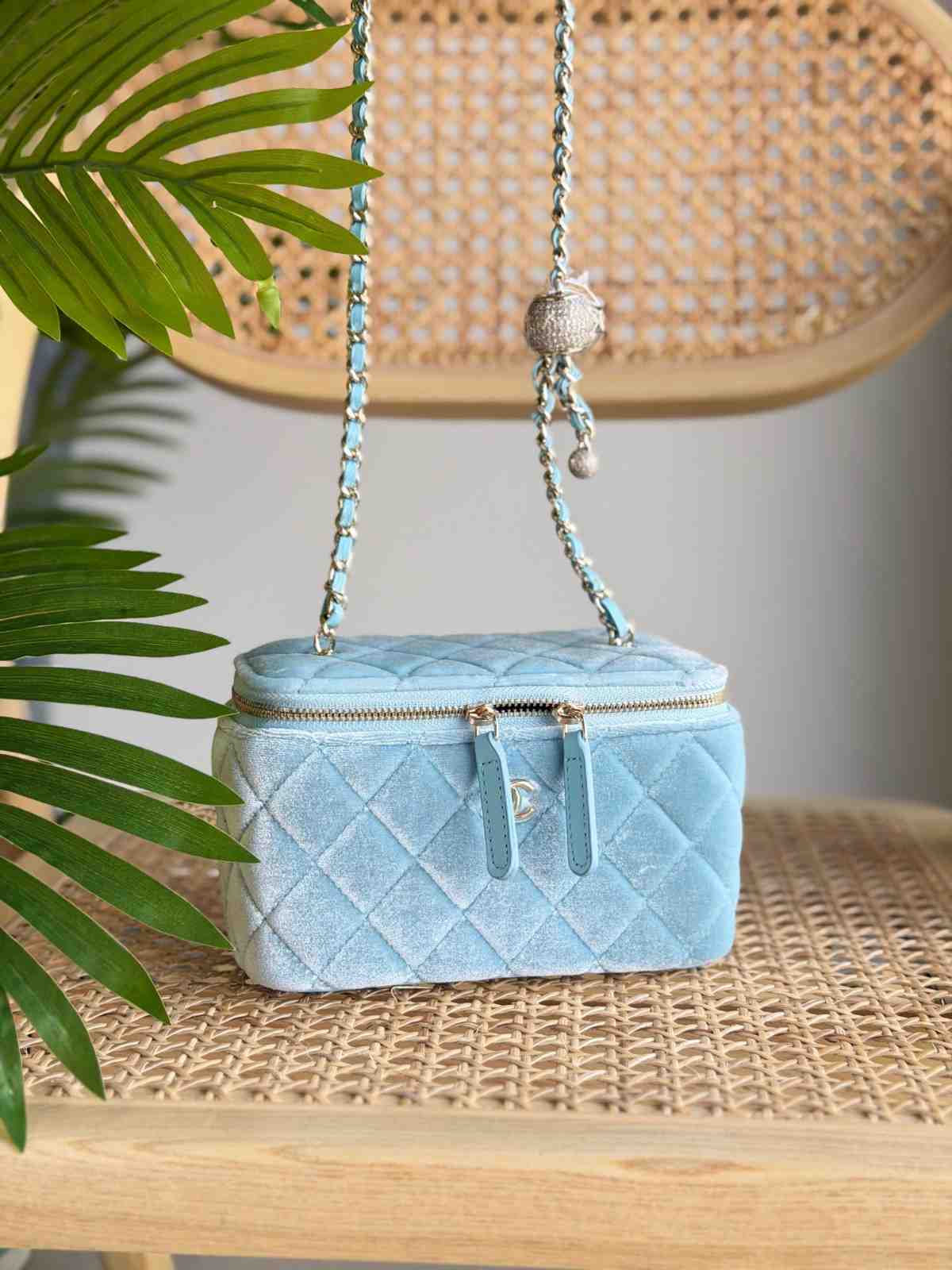 Chanel Small Vanity Case Light Pink Velvet Leather Gold Hardware light blue