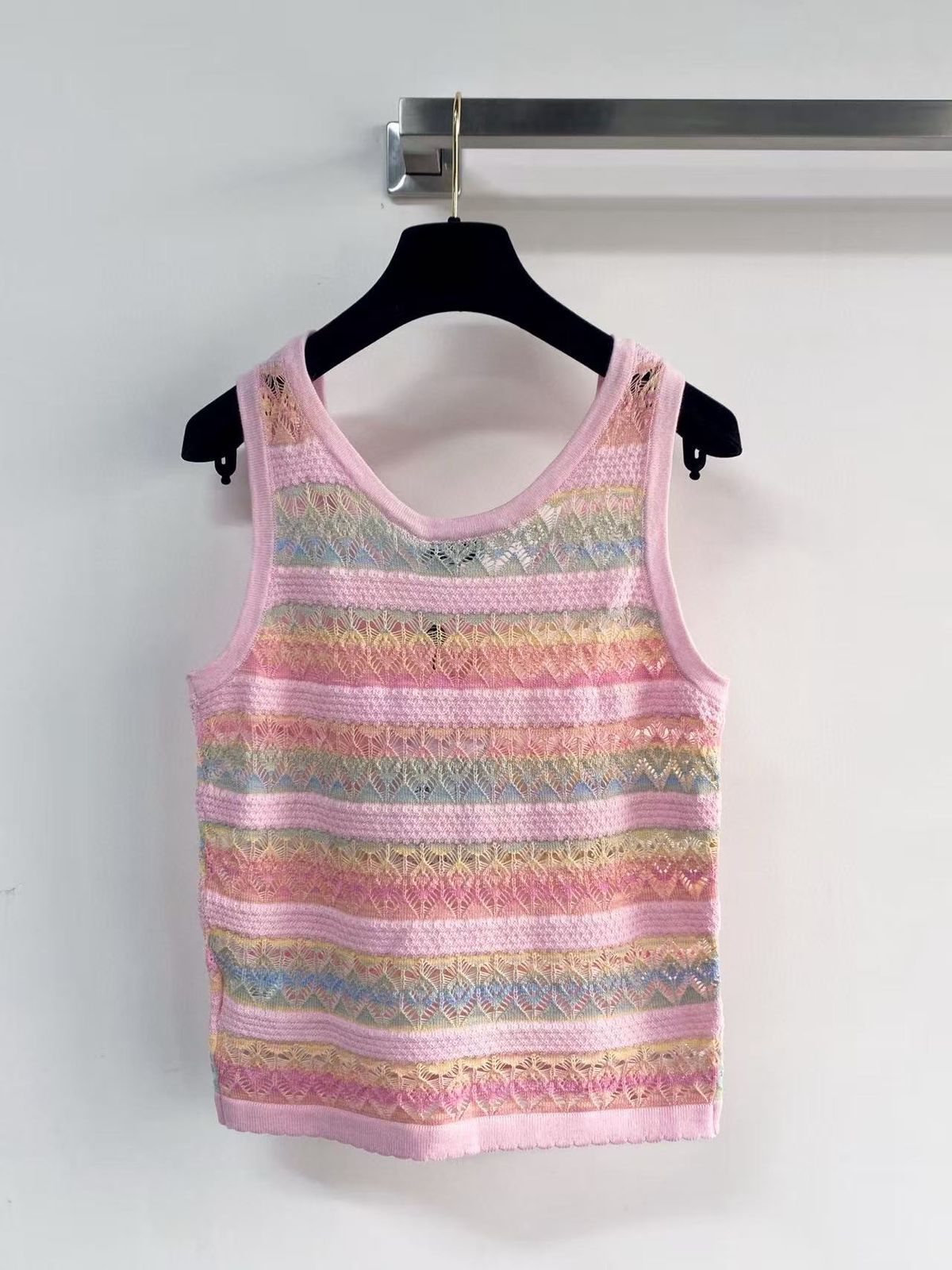 Chanel Pastel Knit Sleeveless Top – Multicolor Lace Design - Image 2