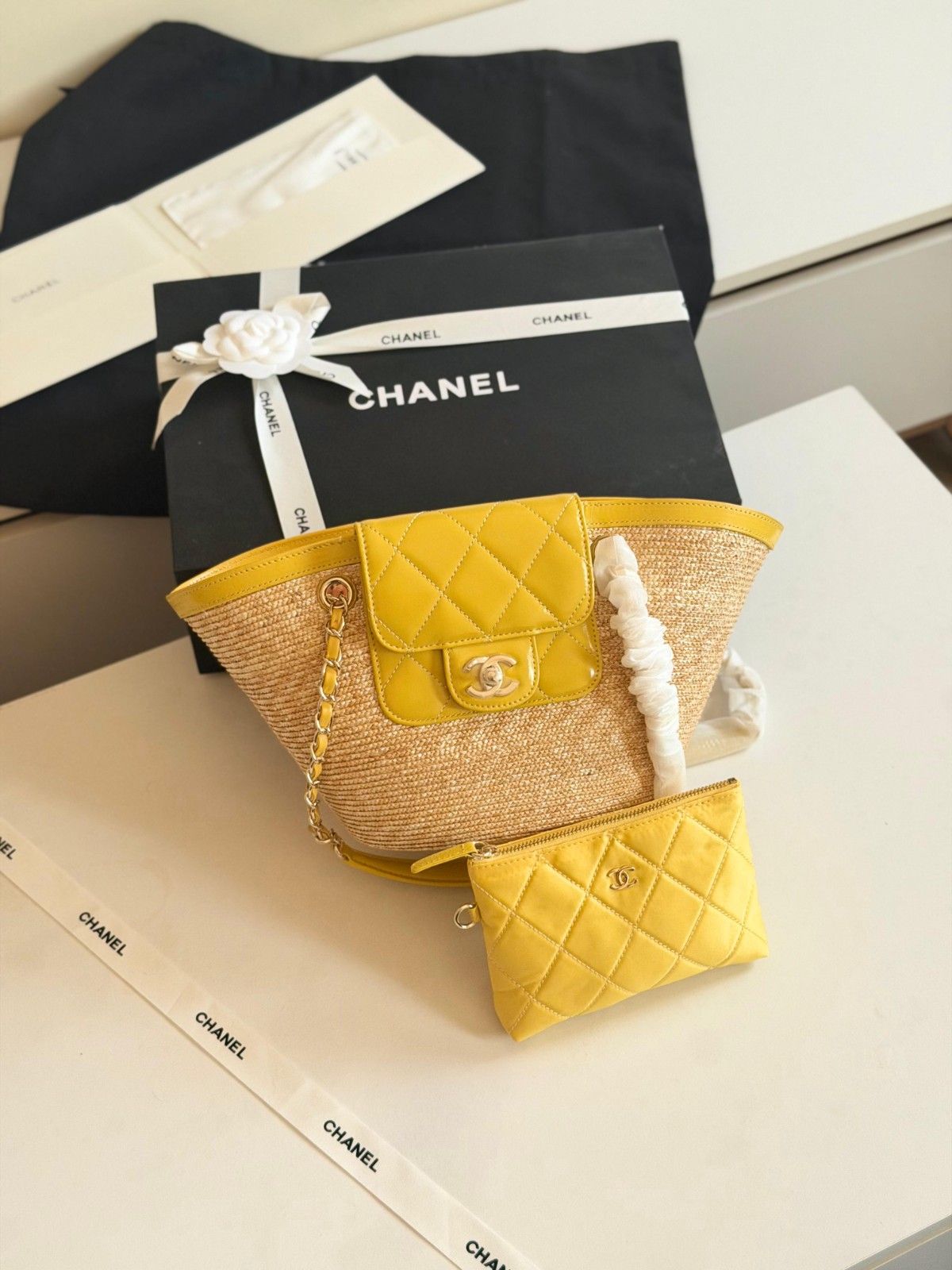 Chanel Butter Yellow Woven Straw Tote - Image 4
