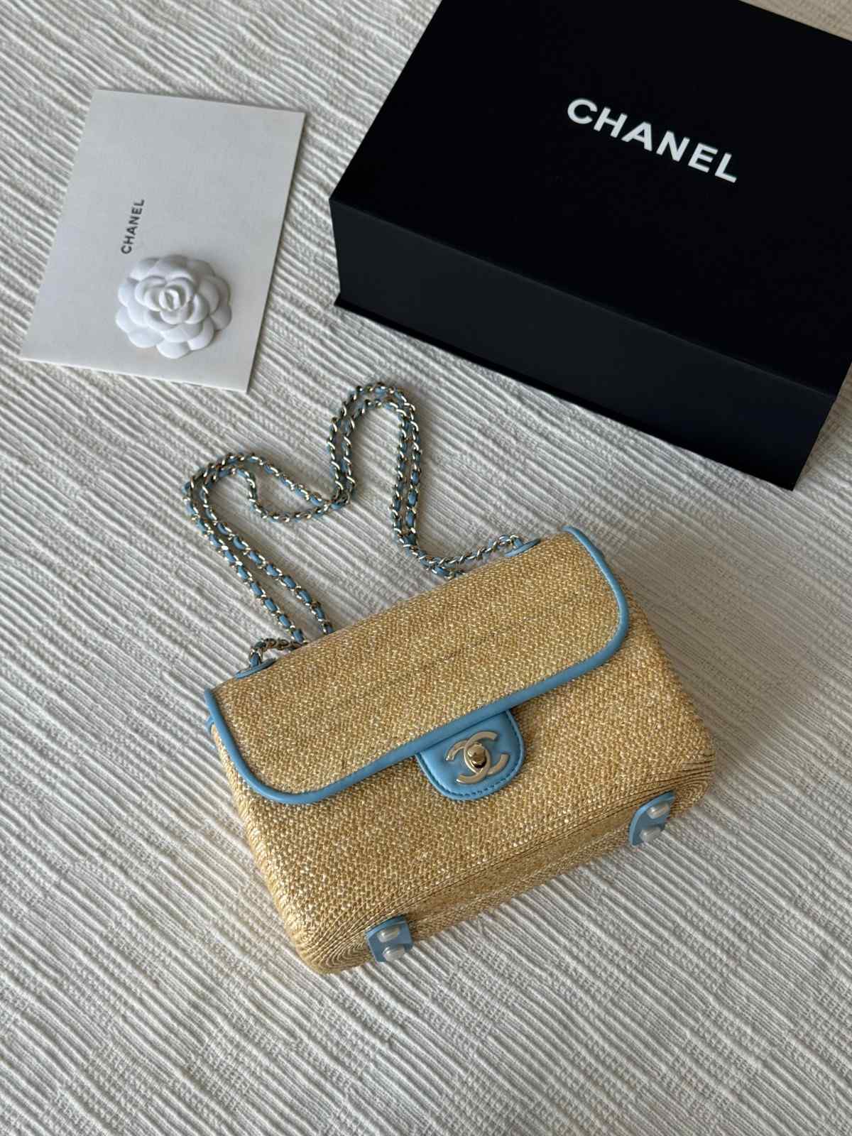 Chanel Raffia Flap Bag Leather Trim And Light Gold Hardware - Image 4