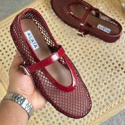 alaia fishnet ballet flats red