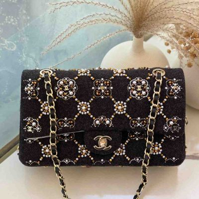 Chanel 21A Pearl Strass Crystal CC Wool Twill Classic Double Flap Bag Vogue Bags Dubai