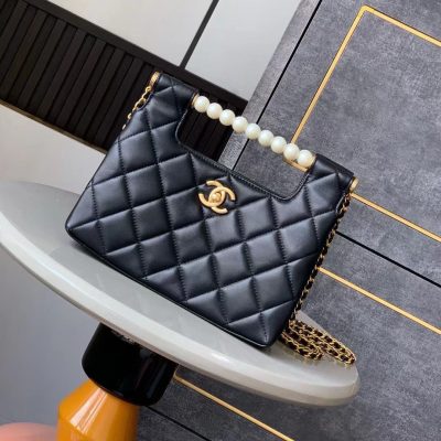 Chanel Shiny Lambskin Pearl Small Crossbody Shopping Bag Black