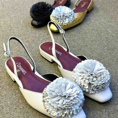 Chanel flower metallic slingback flats white