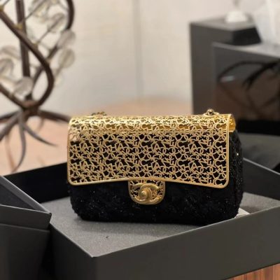 Chanel metal tweed minaudiere flap bag black