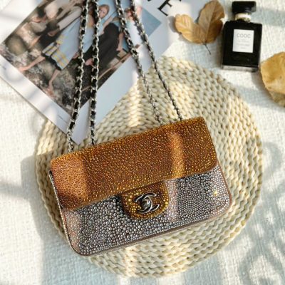 Chanel 2015 sequin flap bag brown white