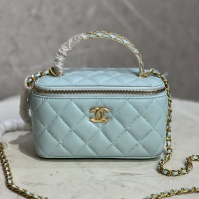 Chanel top handle small vanity case blue