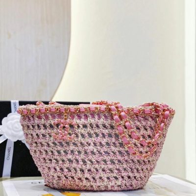 Chanel crochet shopping tote bag beige pink