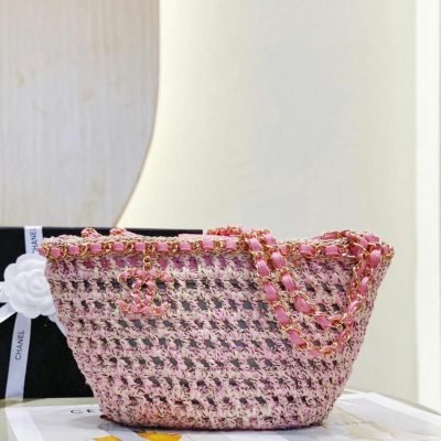 Chanel crochet shopping tote bag beige pink