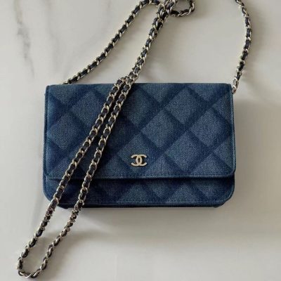 Chanel blue denim flap wallet on chain