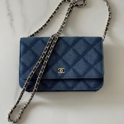 Chanel blue denim flap wallet on chain