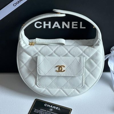 Chanel caviar round pocket pouch white